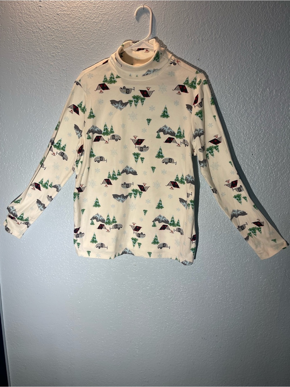 Time and Tru Cream Turtleneck with Green & Red Cabin Print